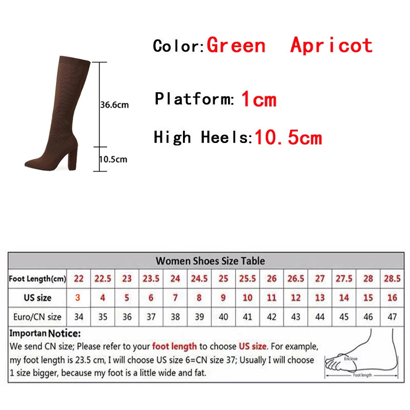 Green Women Cozy Knitting Stretch Fabric Knee High Boots Fashion Square Heels Autumn Winter Sock Long Shoes Booties Female