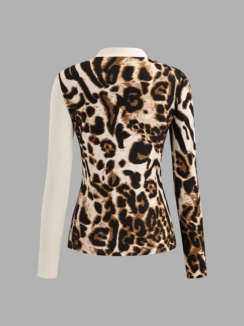 YOZY Women'S Leopard Patchwork Print Button Front Tee, Casual Long Sleeve Mock Neck T-Shirt for Spring & Fall, Women'S Top for Daily Wear