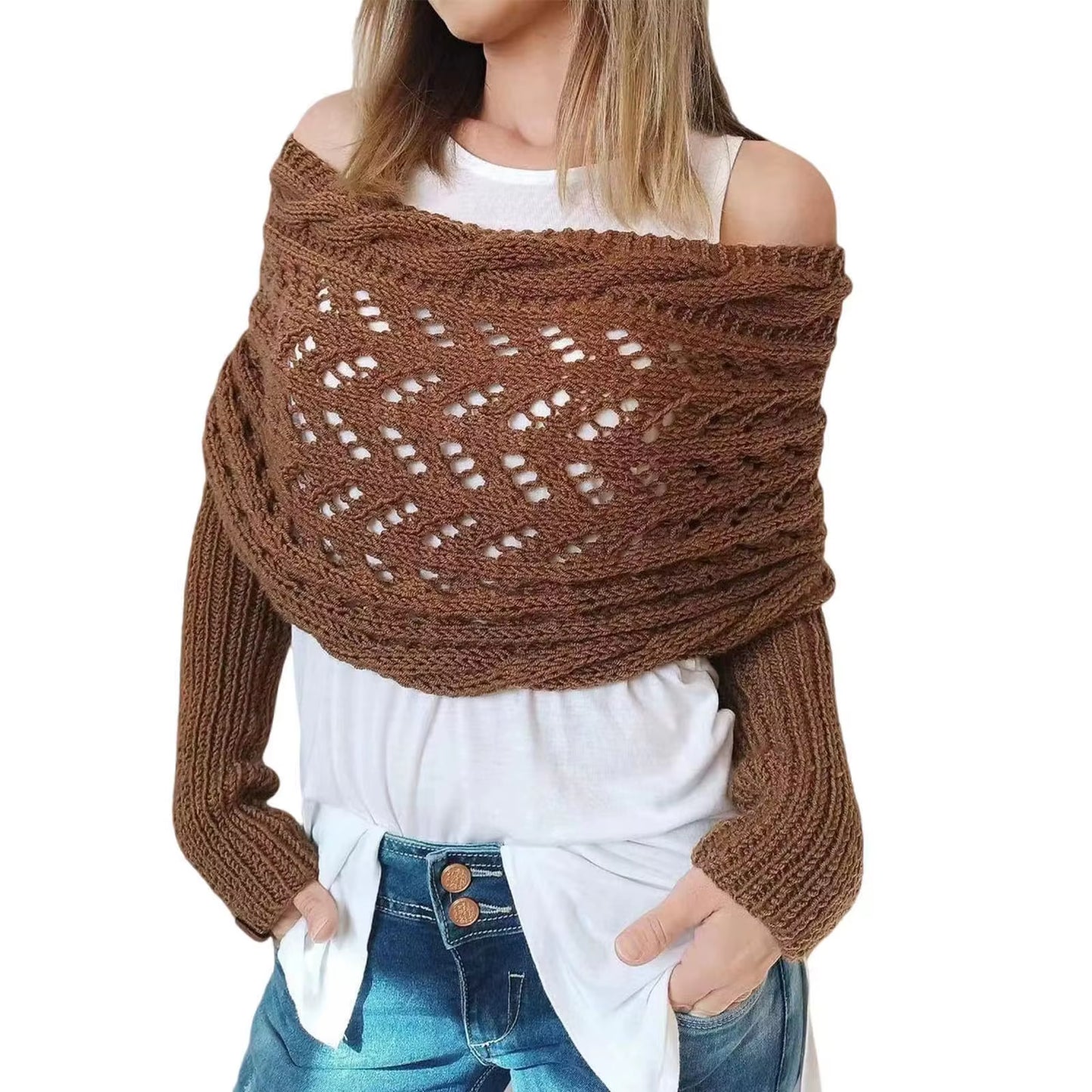 Sweater Scarf with Sleeves Women, Soft Knitted Cable Wrap, New Fashionable Shawl, Windproof Warm Shrugs for Women Autumn Winter