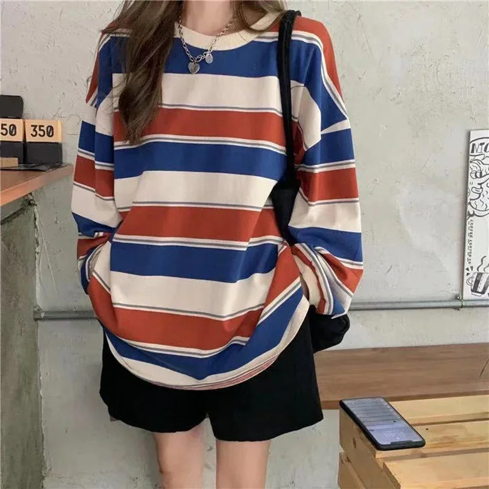 Spring Autumn Striped Hoodies Women Fashion Long Sleeve Hoodie Sweatshirt Harajuku Cotton Pullovers Casual Oversized Coat