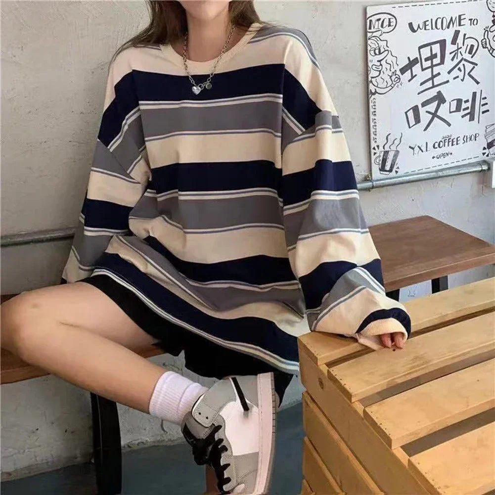 Spring Autumn Striped Hoodies Women Fashion Long Sleeve Hoodie Sweatshirt Harajuku Cotton Pullovers Casual Oversized Coat