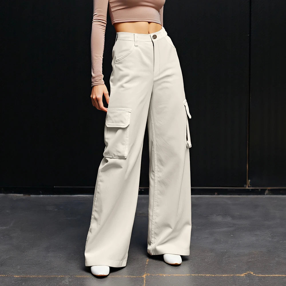 Mia Muse Pants All Season Simple Korean Pocket Solid Color High Waist Full Length Straight Daily Pants For Women