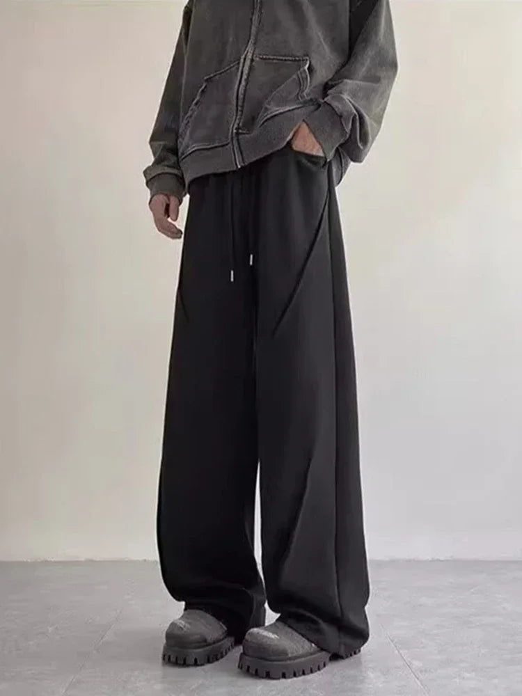 Autumn Men's High Street Pleated Straight Pants Korean Fashion Elastic Waist Pockets Trousers Y2K Vintage pantalones hombre