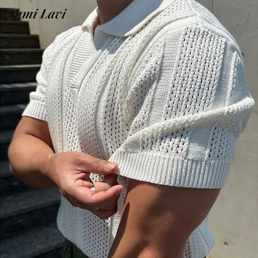 2025 Spring Summer Casual Mens Mesh Polo Shirts Slim Fit Knitted Short Sleeve Polo Tops Men Vintage Lapel Solid Color Pullovers