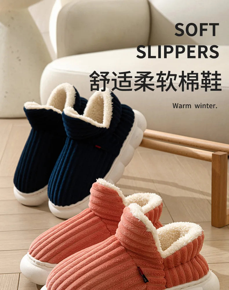 Unisex winter home warm slippers plush women indoor fur slides high top concise outside waterproof slippers shoes men boots