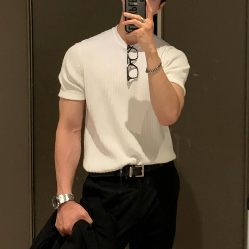 Summer Men's Clothing Light Luxury T Shirt Leisure Long Sleeve O Neck Drapped Solid Color Loose Basic Shirt Popular Knitwear