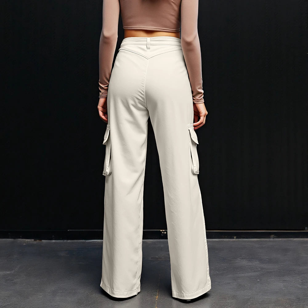 Mia Muse Pants All Season Simple Korean Pocket Solid Color High Waist Full Length Straight Daily Pants For Women