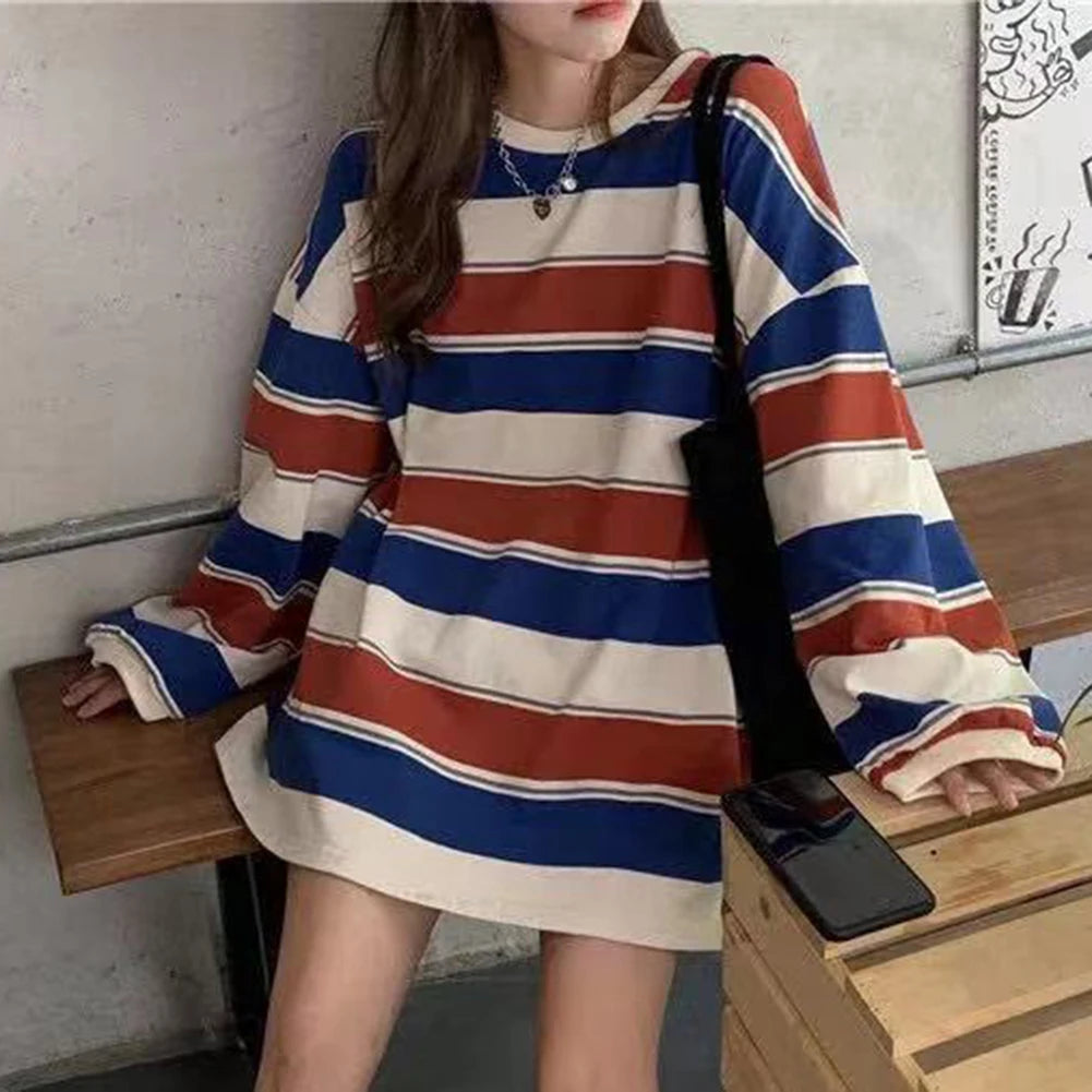 Spring Autumn Striped Hoodies Women Fashion Long Sleeve Hoodie Sweatshirt Harajuku Cotton Pullovers Casual Oversized Coat