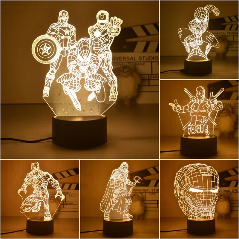 Anime Avengers Iron Man Model 3D Lamp Action Figure Disney Marvel Spiderman LED Night Lights for Boys Toys Kids Birthday Gift