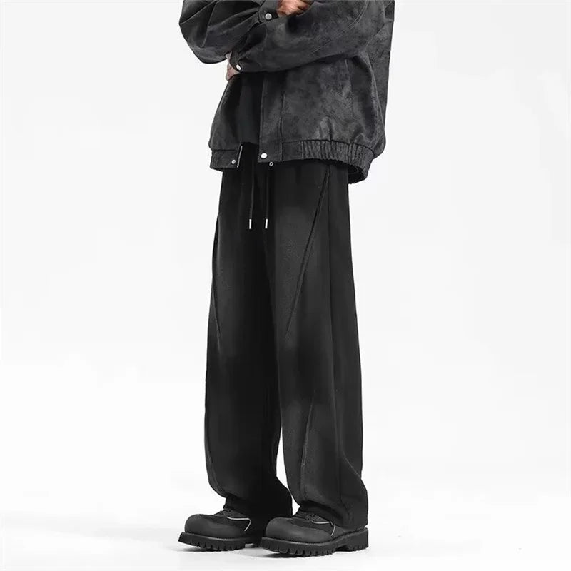 Autumn Men's High Street Pleated Straight Pants Korean Fashion Elastic Waist Pockets Trousers Y2K Vintage pantalones hombre