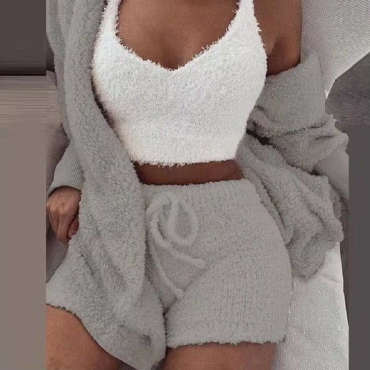 Fluffy Pajamas Set for Women Casual Sleepwear Tank Top and Shorts plus Size Hoodie Leisure Homsuit Winter 3 Pieces Pijamas