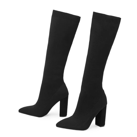 Green Women Cozy Knitting Stretch Fabric Knee High Boots Fashion Square Heels Autumn Winter Sock Long Shoes Booties Female